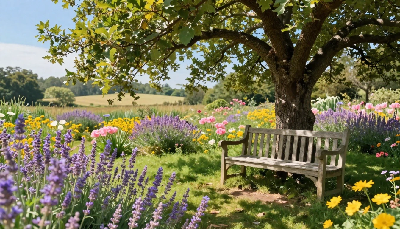 A beautiful, sun-drenched garden filled with blooming wildfl...