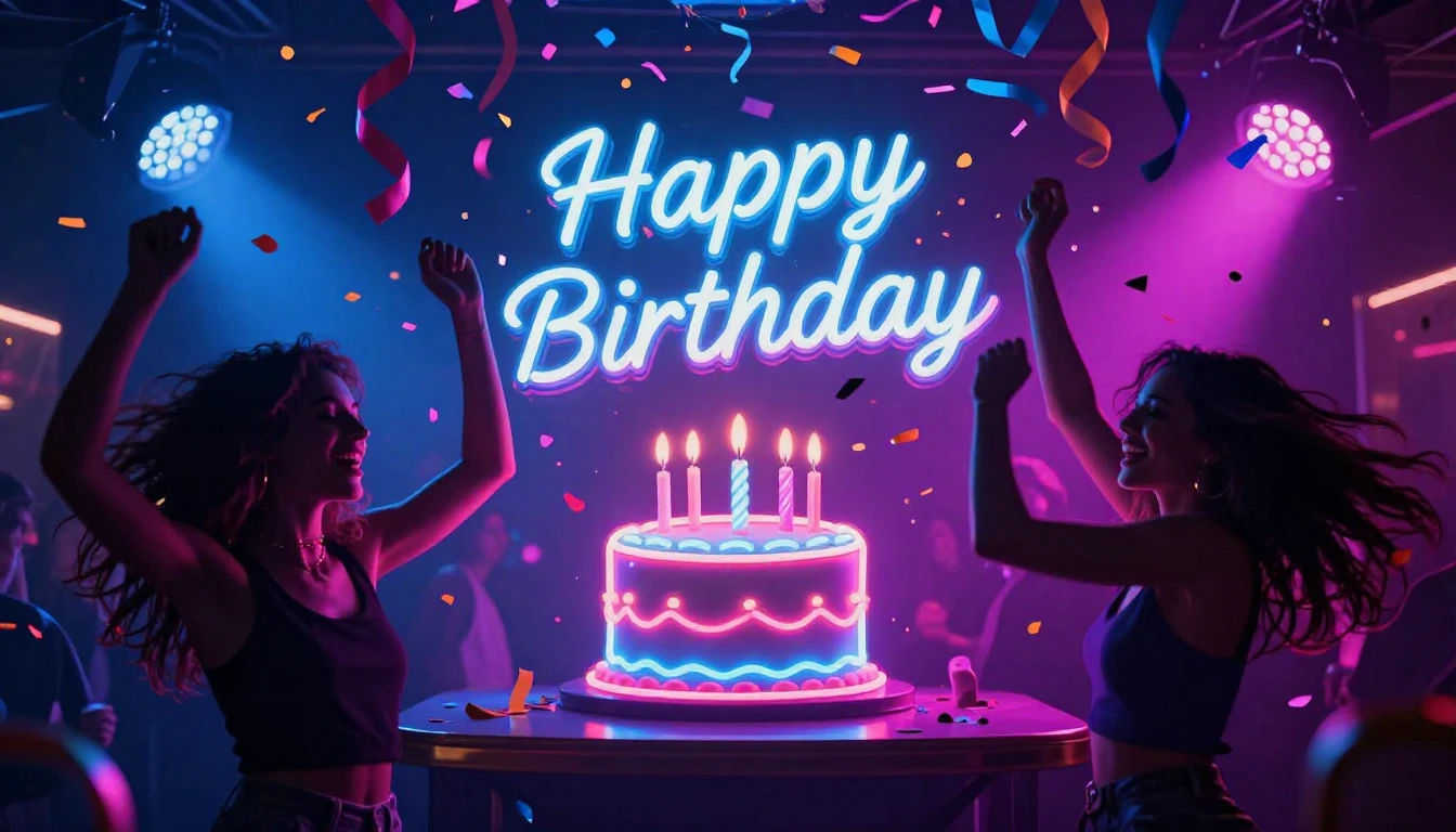 A vibrant and energetic party scene celebrating a birthday, ...