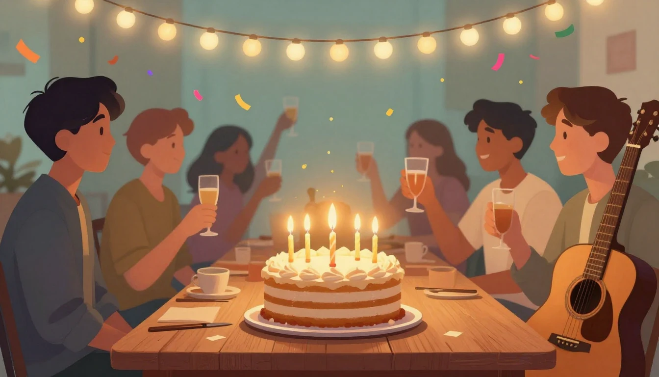 A warm and inviting scene of a birthday celebration, stylize...