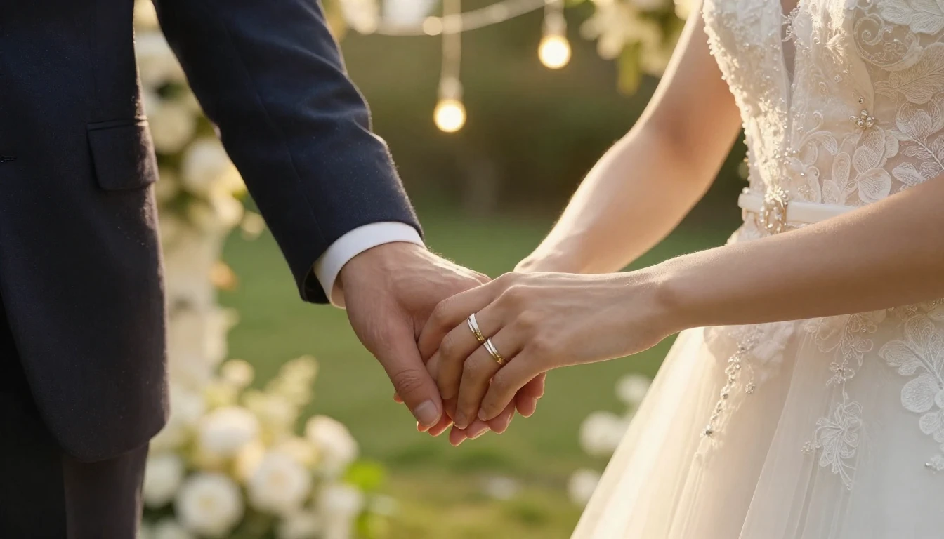 A close-up, romantic shot of a bride and groom holding hands...