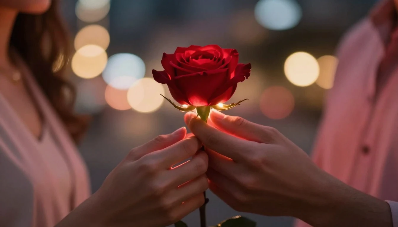 A romantic and intimate close-up scene focusing on two hands...