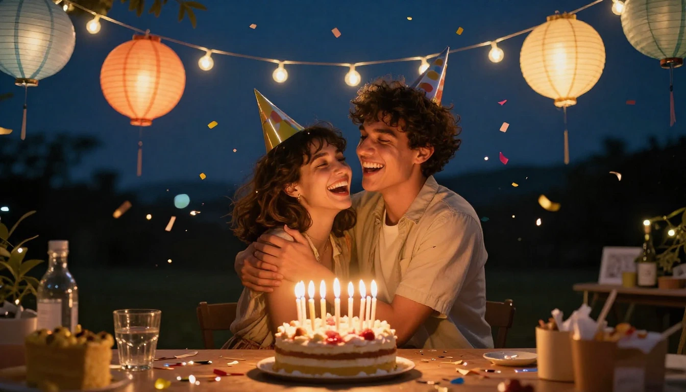 A joyful and vibrant scene celebrating friendship. Two frien...