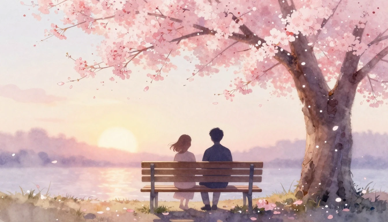 A delicate watercolor painting of two stylized silhouettes s...