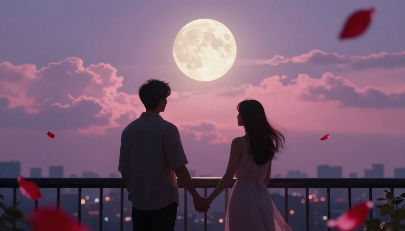 A romantic and dreamy scene featuring a silhouette of a coup...