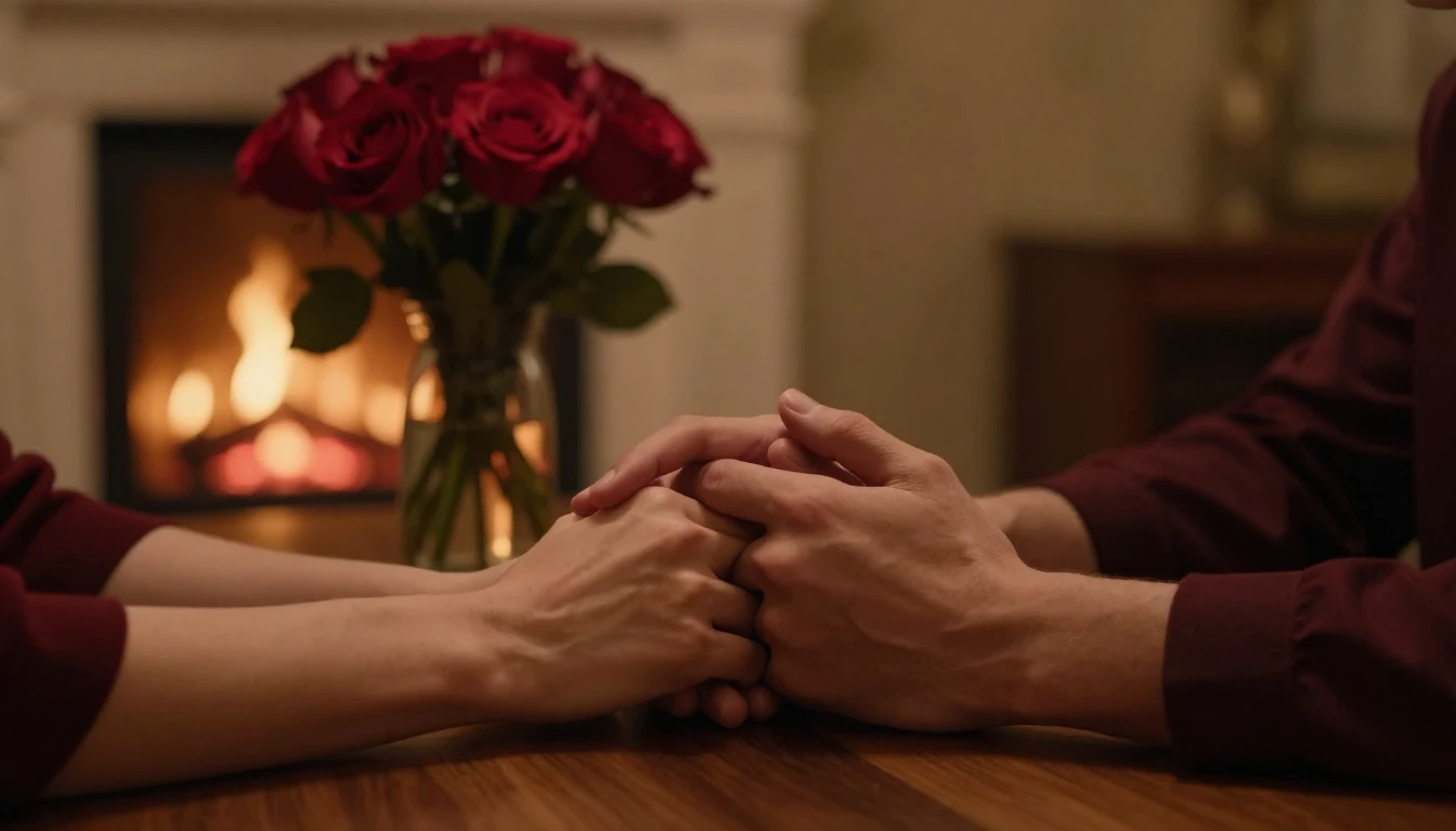 A romantic, intimate close-up scene set in a dimly lit room ...