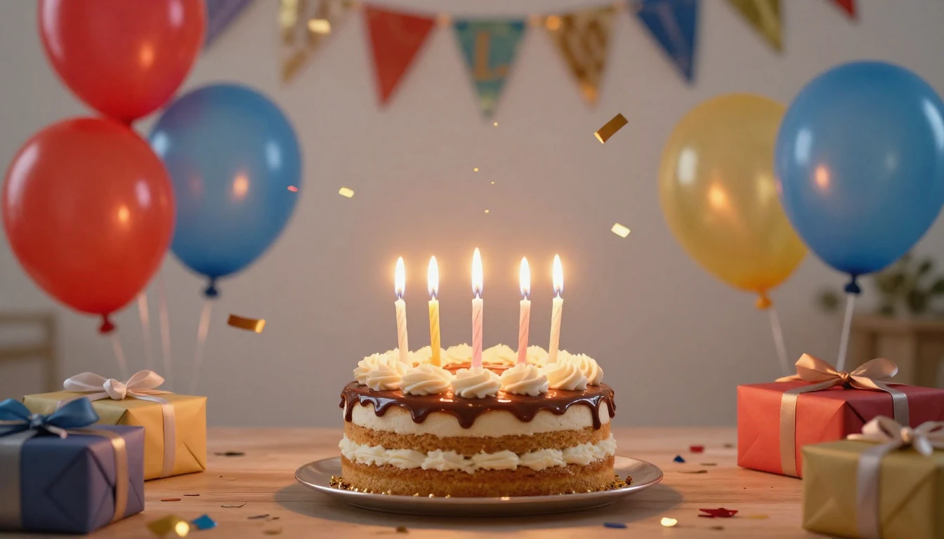 A bright and festive birthday celebration scene, focusing on...