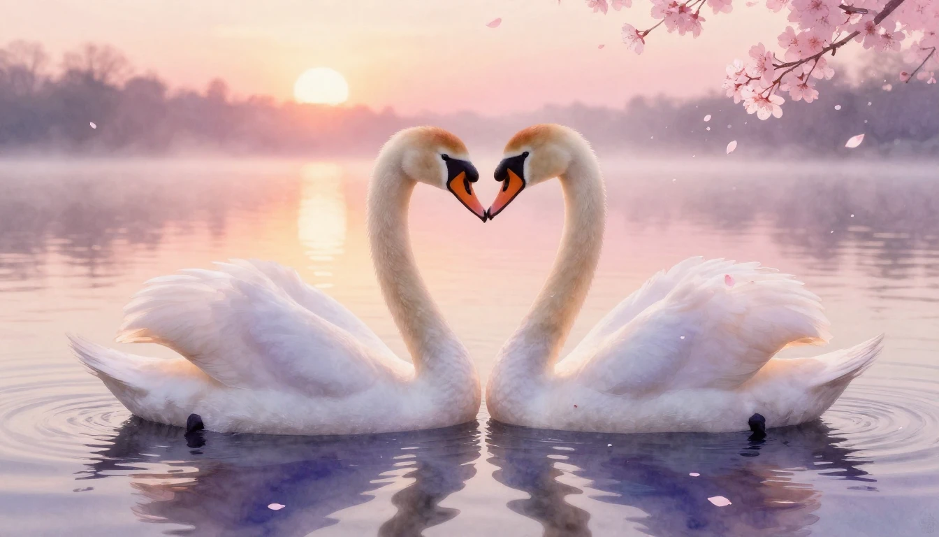 A delicate watercolor painting of two elegant swans forming ...