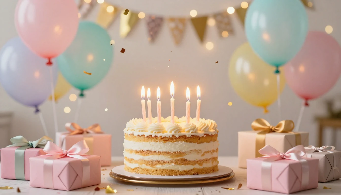 A bright and festive birthday celebration scene, centered on...
