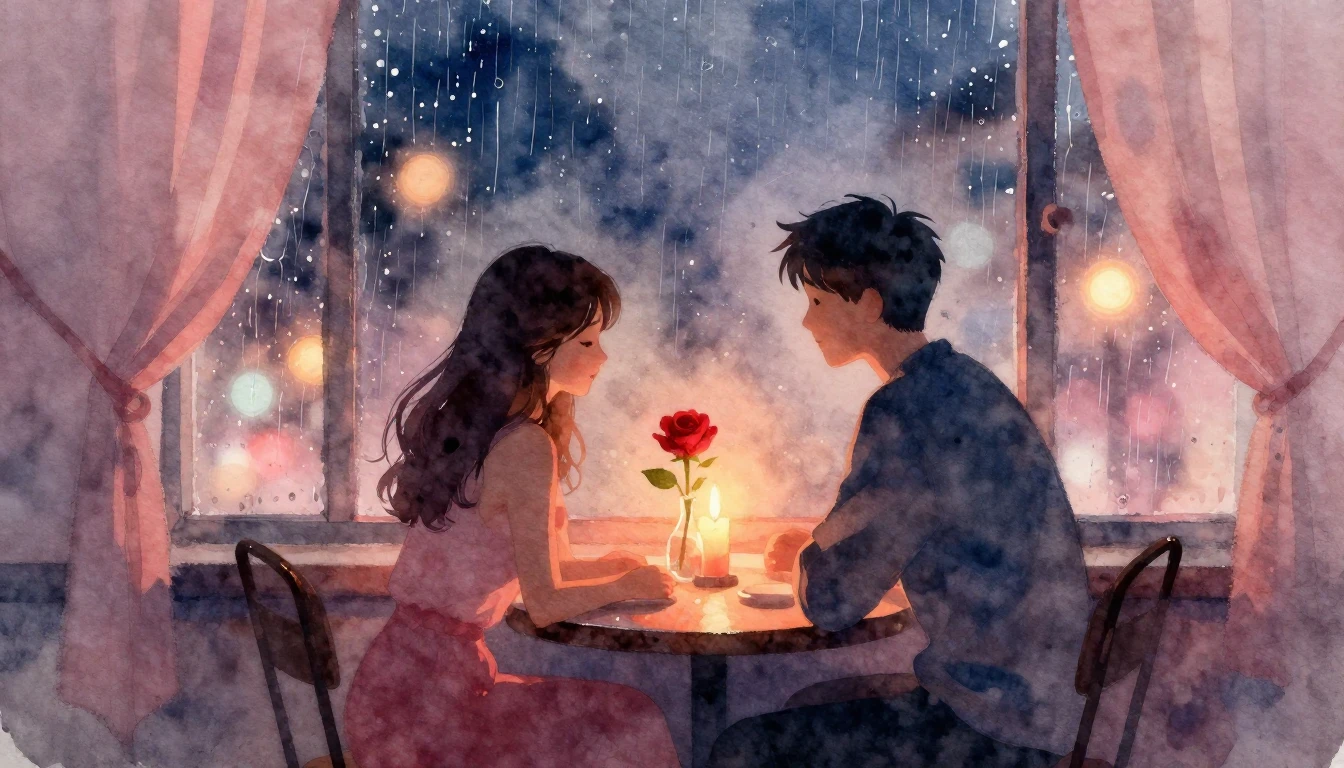 A romantic watercolor painting featuring a cozy evening scen...