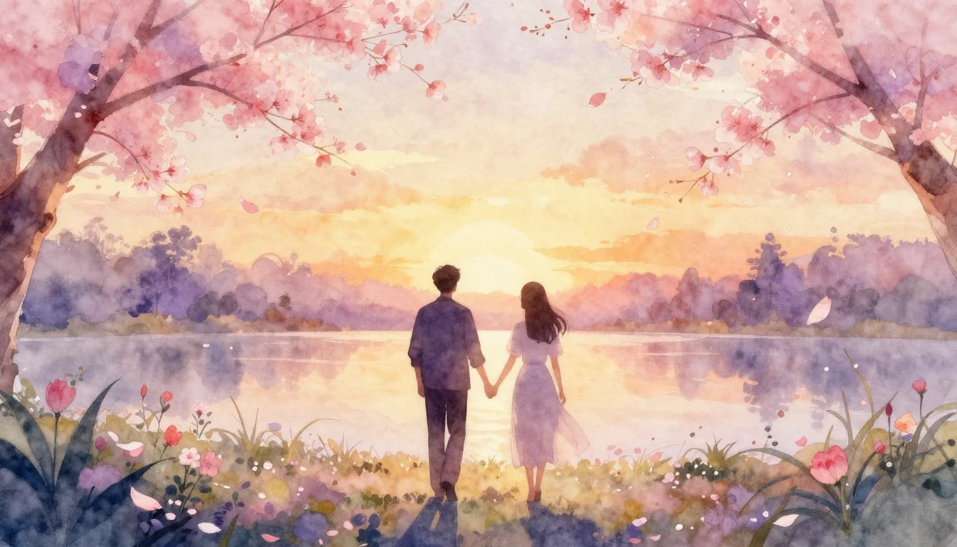 A soft watercolor painting of two silhouettes walking hand-i...