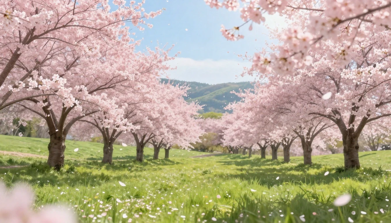A beautiful spring landscape featuring blooming cherry bloss...