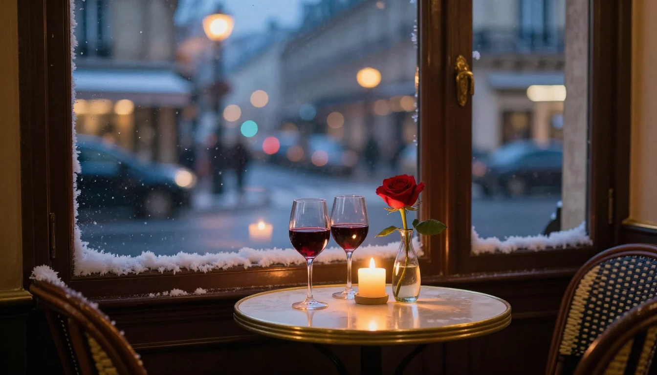 A romantic and intimate scene set in a cozy Parisian cafe at...