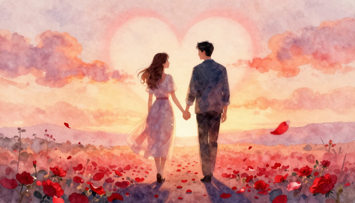 A romantic watercolor painting of a couple holding hands wal...