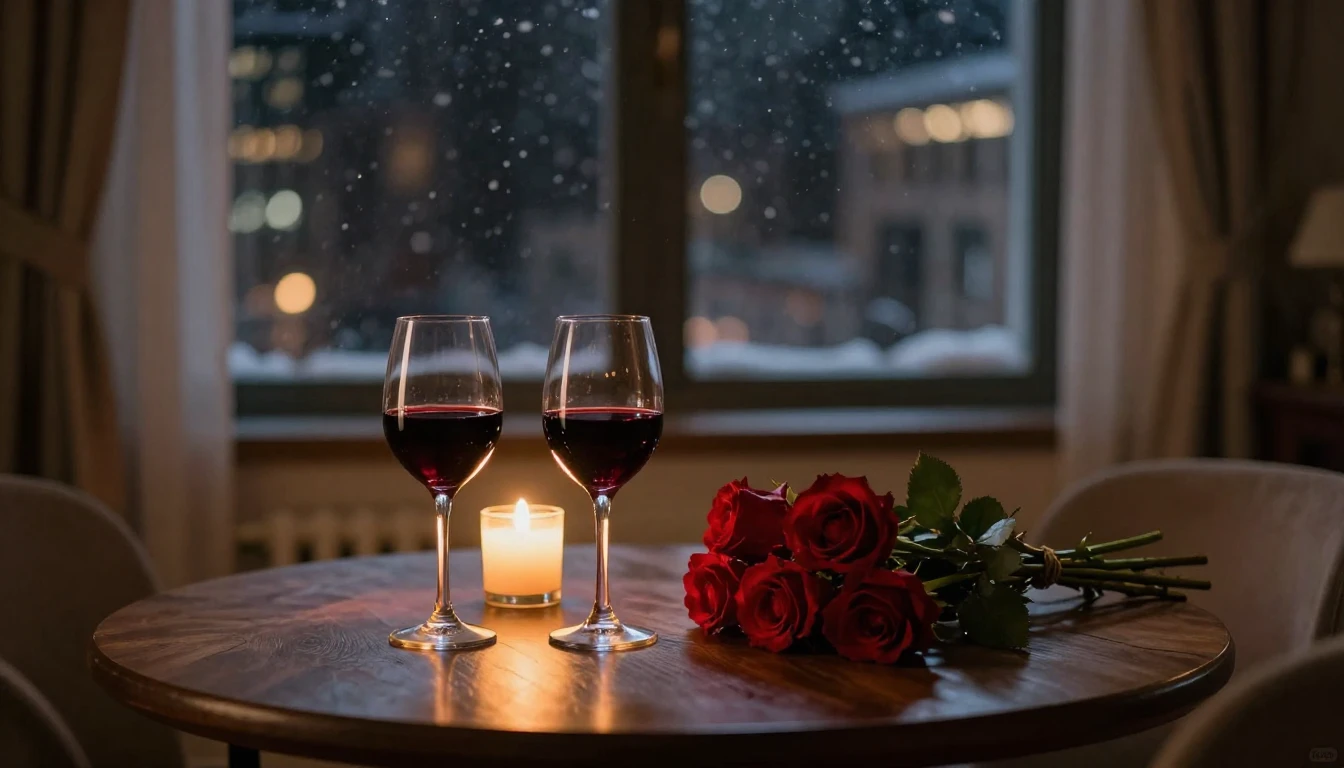 A romantic and intimate scene inside a cozy apartment at nig...