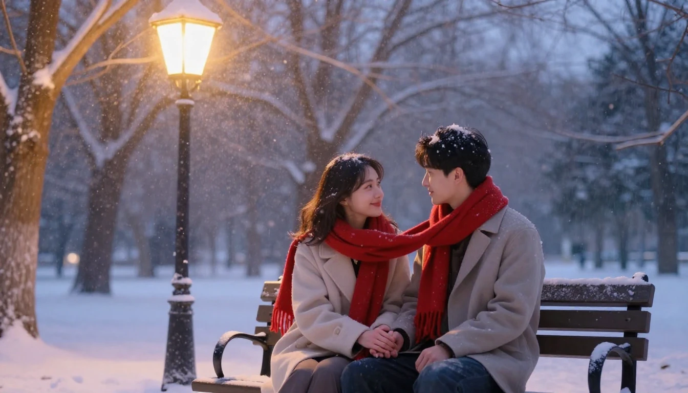 A romantic artistic scene of a couple sitting on a bench in ...