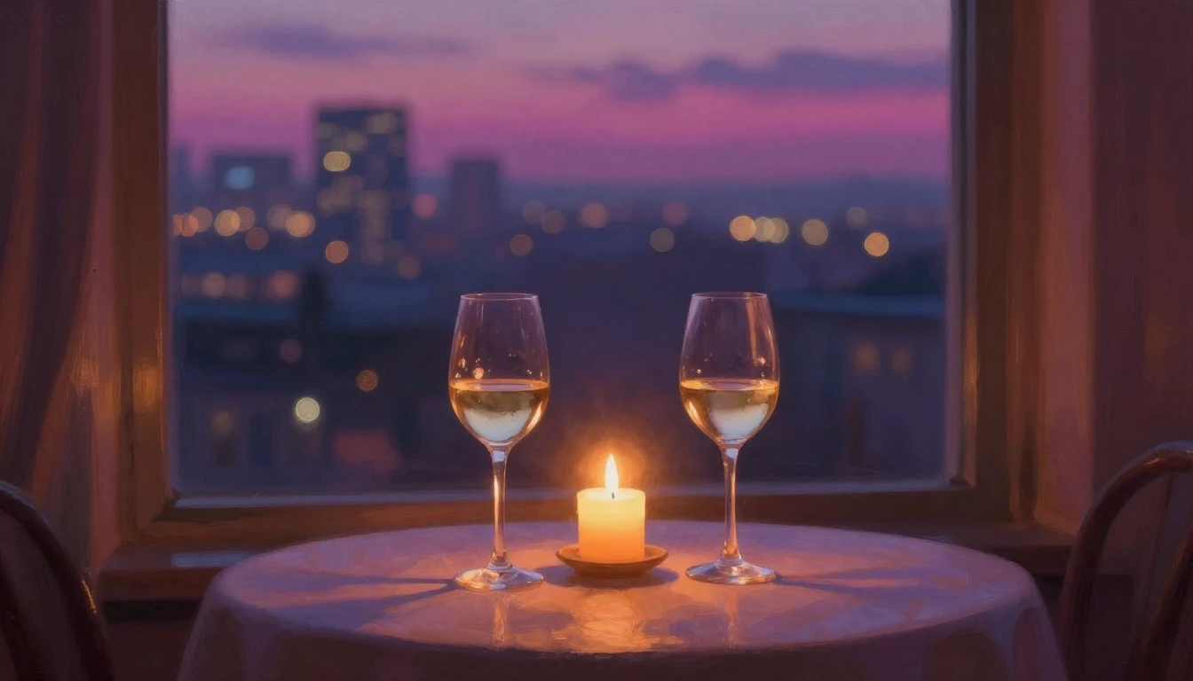 A romantic evening scene viewed through a window. On a table...