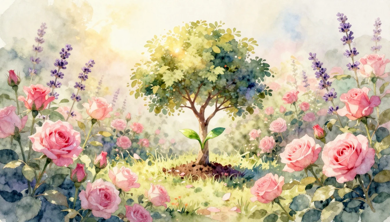 A beautiful watercolor painting depicting a warm, sunlit gar...