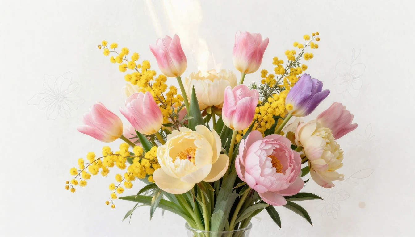 A beautiful bouquet of blooming spring flowers including tul...