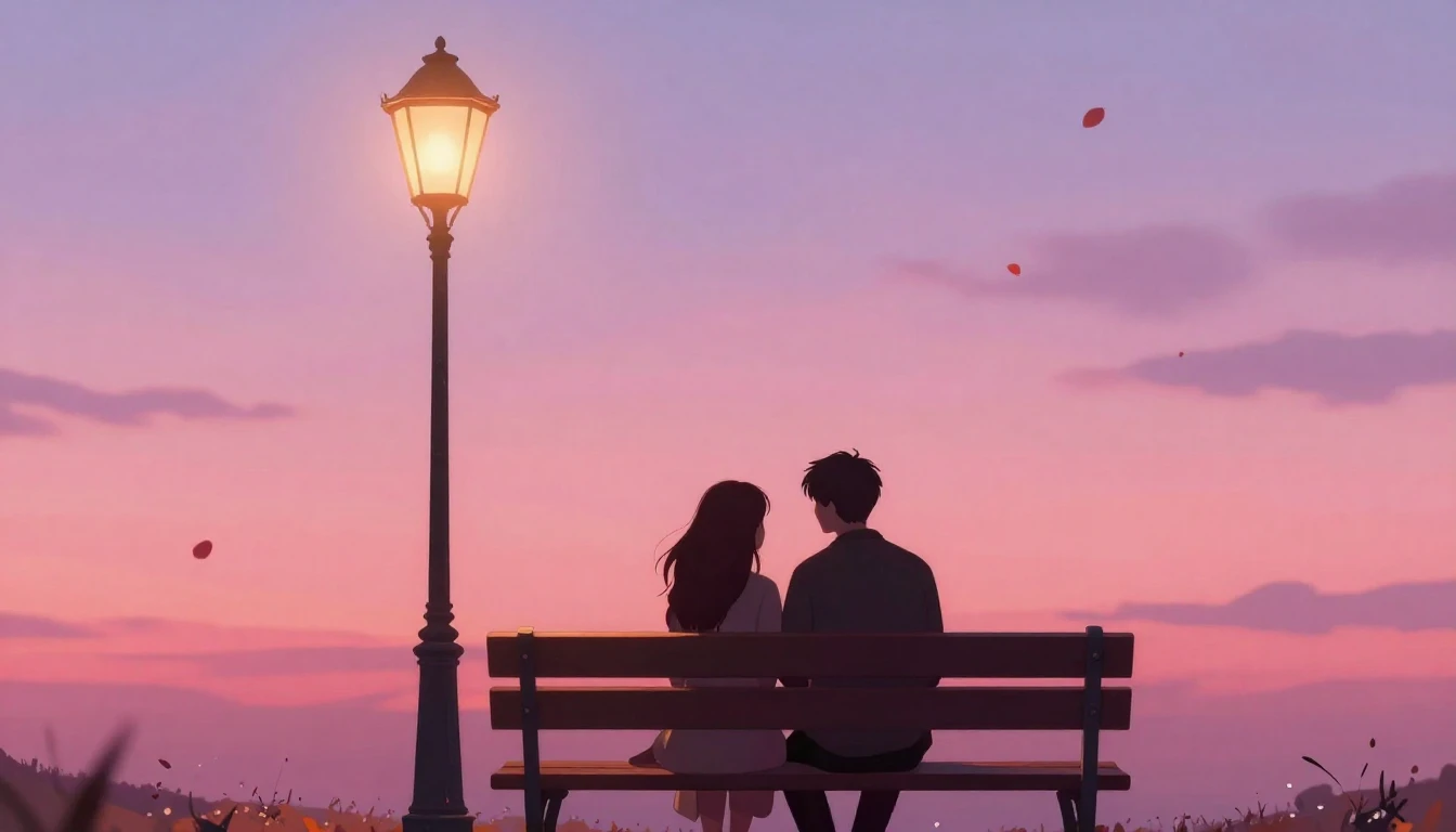 A romantic and dreamy scene featuring two silhouettes sittin...