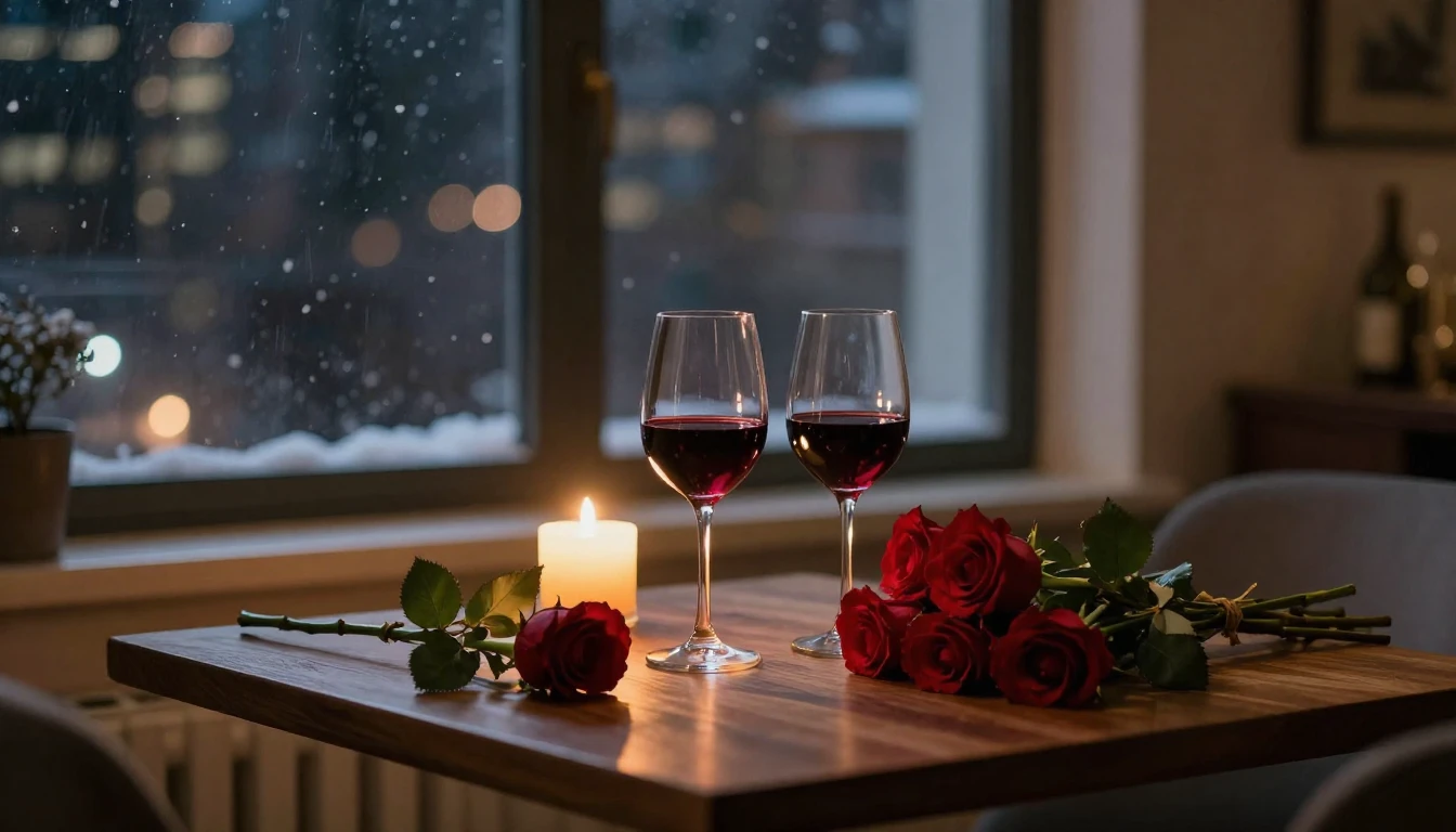 A romantic and intimate scene inside a cozy apartment at nig...