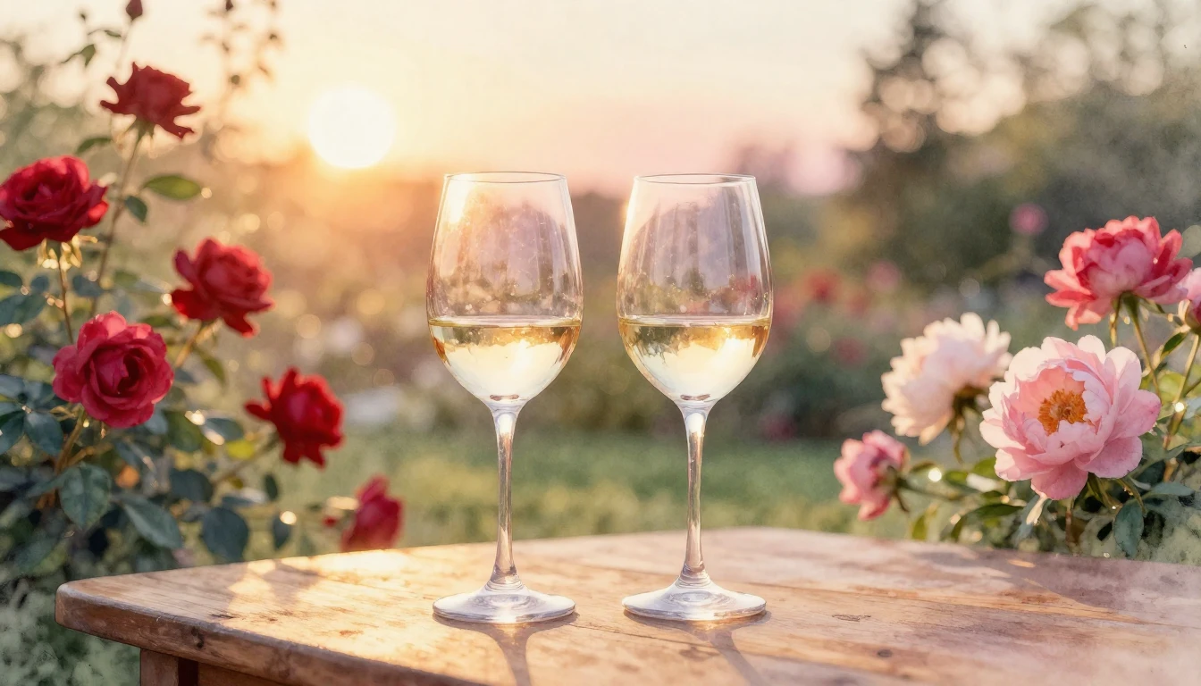 A soft watercolor painting of two elegant wine glasses sitti...