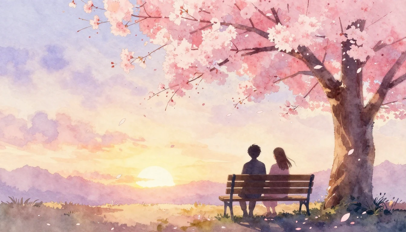 A soft watercolor painting of two silhouettes sitting on a b...