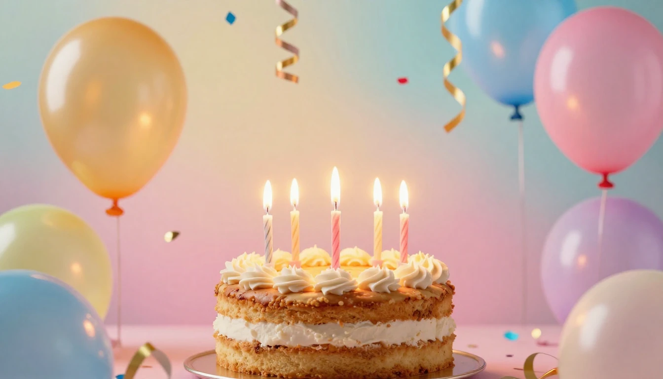 A festive and bright birthday scene, a delicious cake with g...