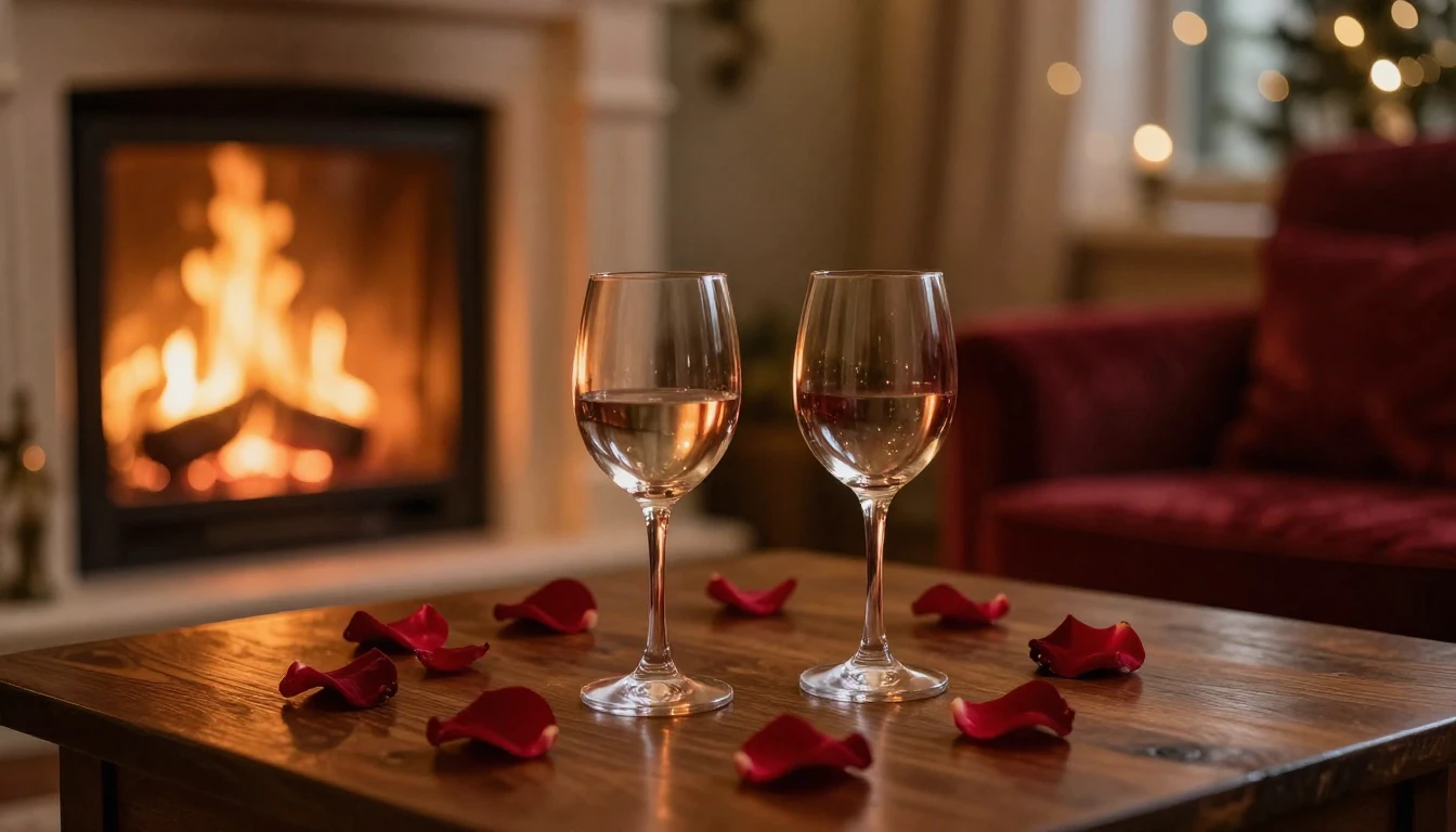 A serene and romantic scene featuring two elegant glasses on...
