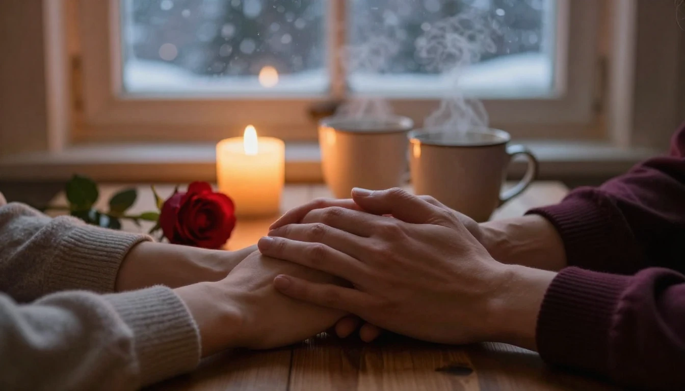 A romantic and cozy close-up scene of two hands holding each...