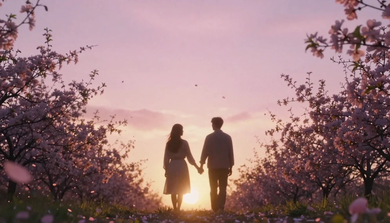 A dreamy and romantic scene featuring two silhouettes walkin...