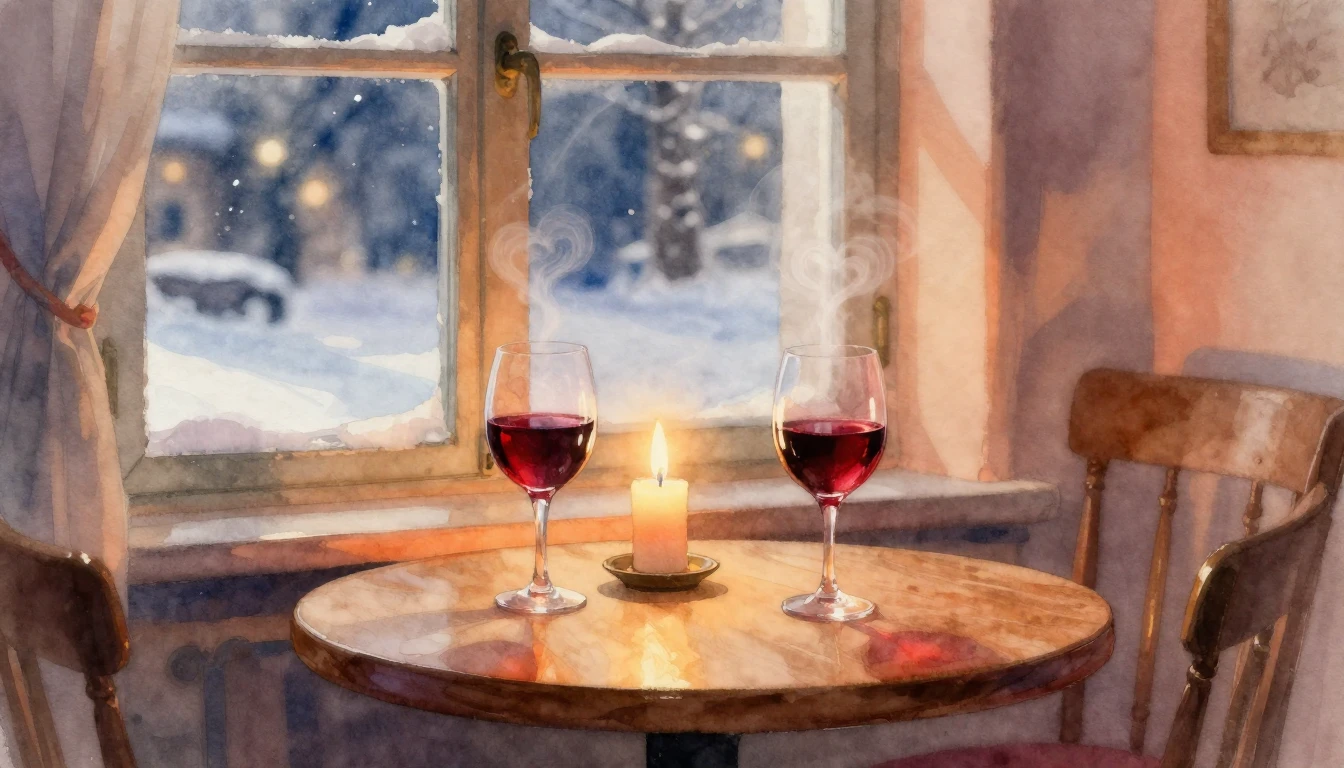 A romantic and cozy indoor scene depicted in soft watercolor...