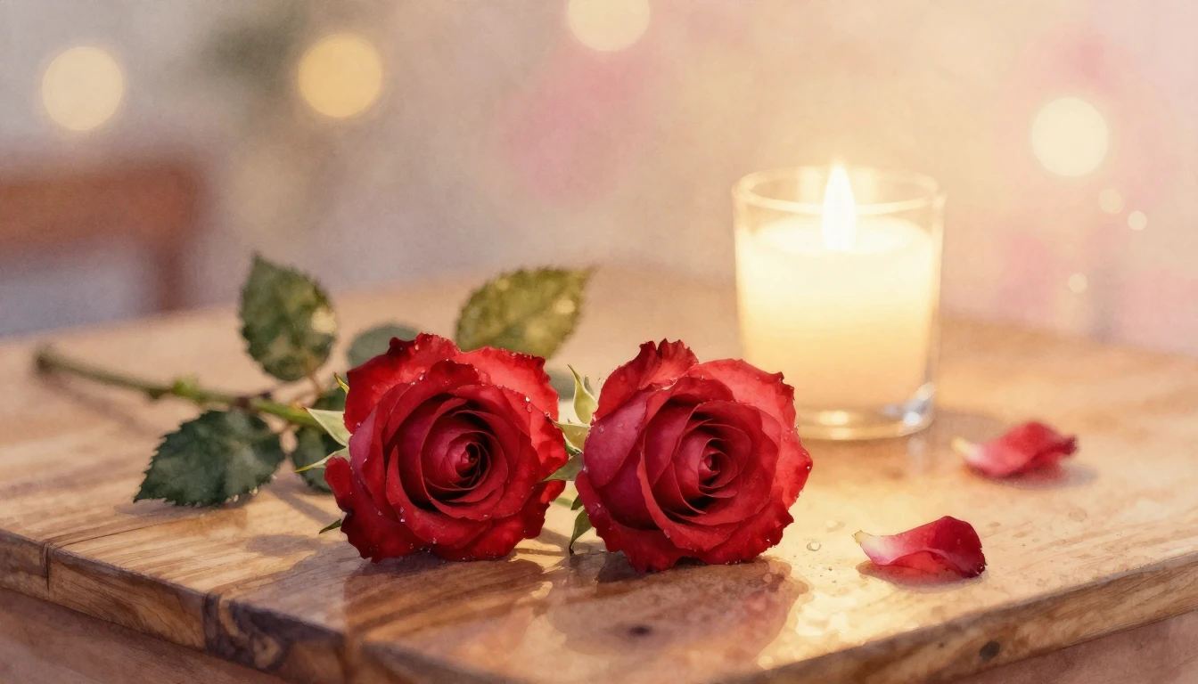 A soft watercolor painting of two delicate red roses lying o...