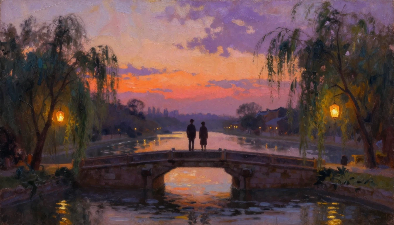 A breathtaking oil painting of two silhouettes standing on a...