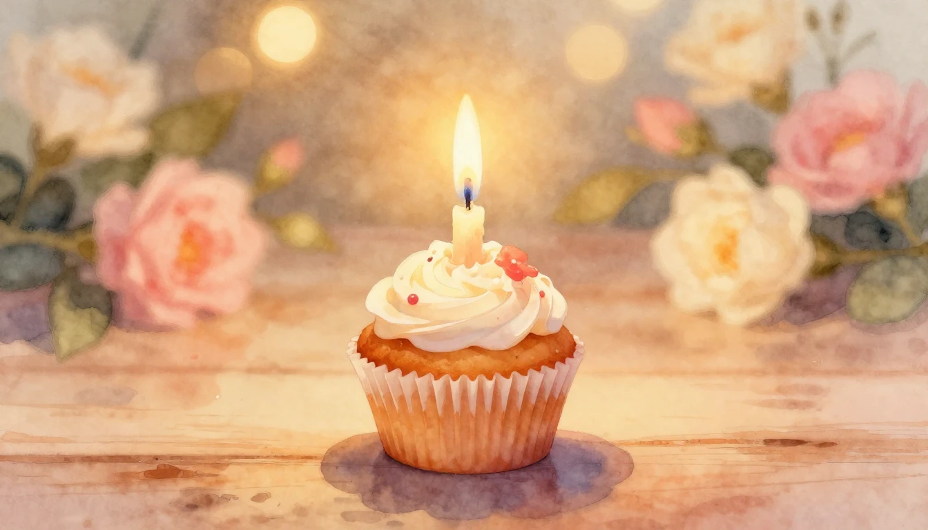 A soft watercolor painting of a single lit candle on a small...