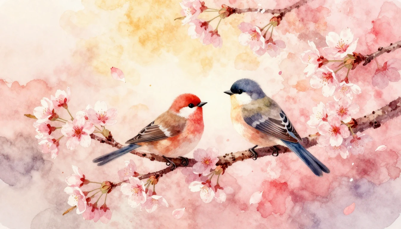 A soft watercolor painting of two stylized birds sitting on ...