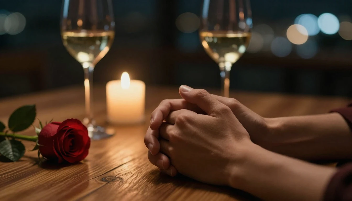 A highly detailed cinematic shot of a romantic evening setti...