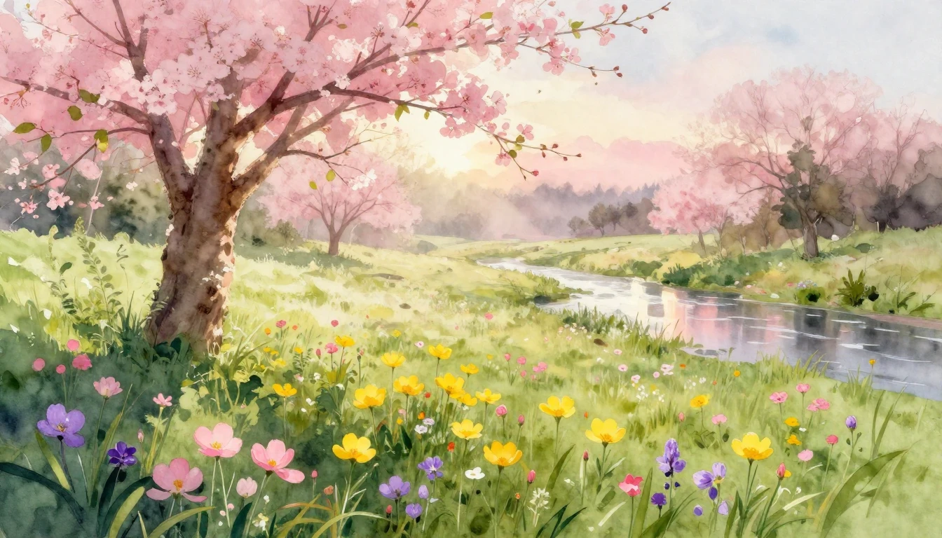A breathtaking watercolor painting of a lush meadow at dawn....