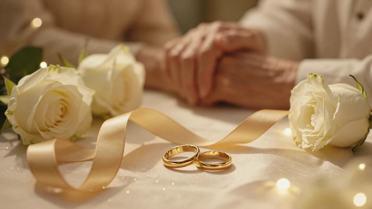 A warm and festive composition featuring two golden wedding ...