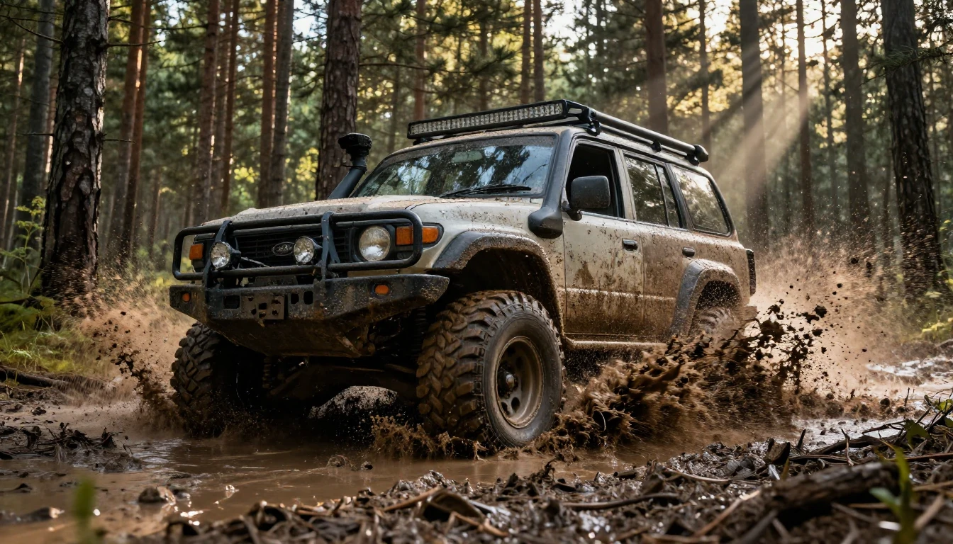 A powerful, modified 4x4 off-road vehicle storming through a...