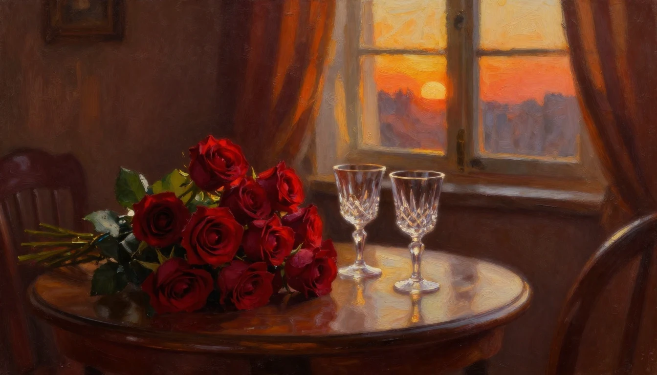 An evocative oil painting of a cozy, dimly lit room during a...