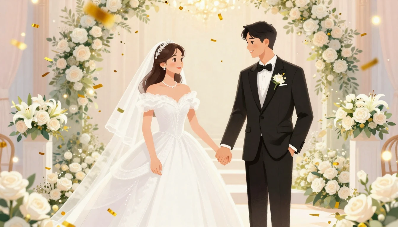 A romantic and festive illustration of a wedding celebration...