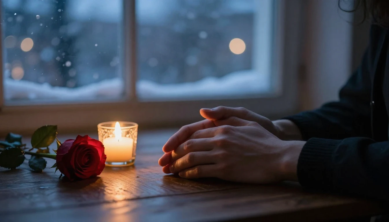 A romantic close-up scene at twilight. Two hands holding eac...