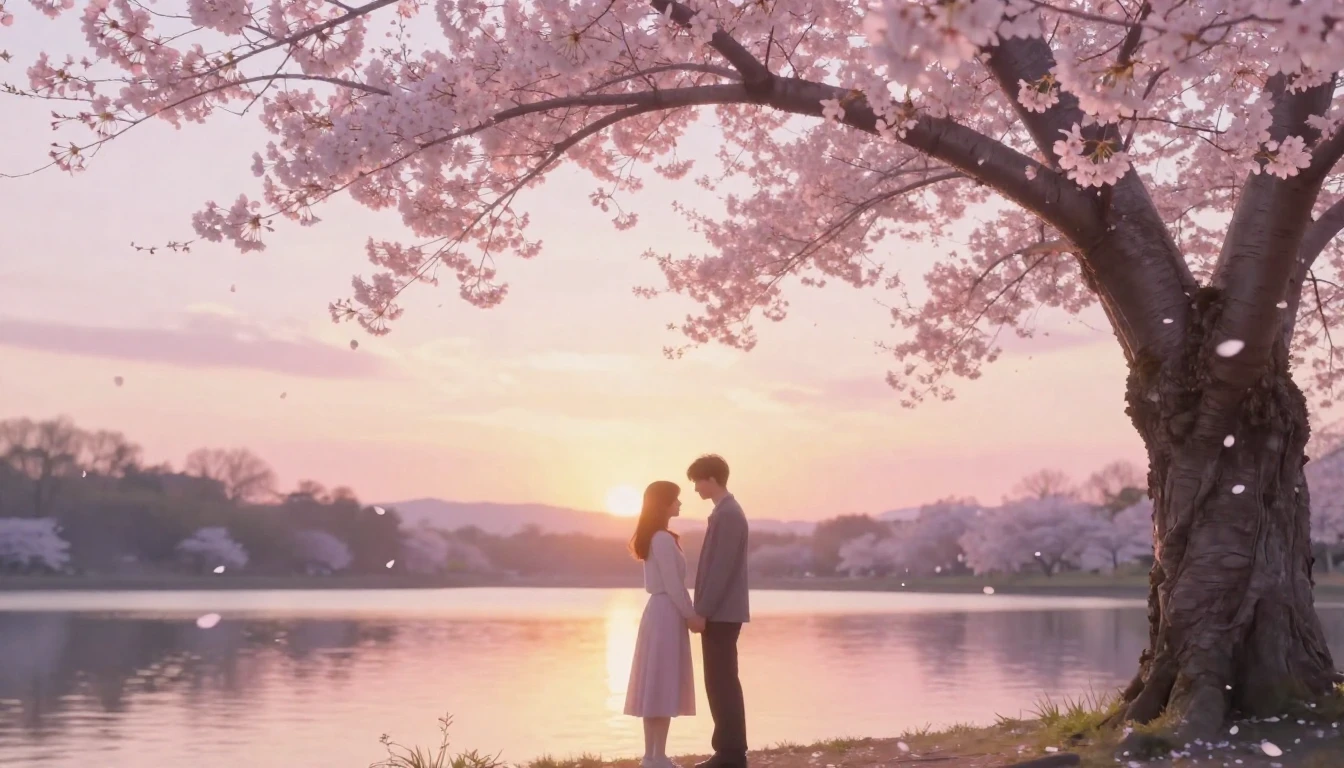 A dreamlike scene featuring two delicate silhouettes of a co...