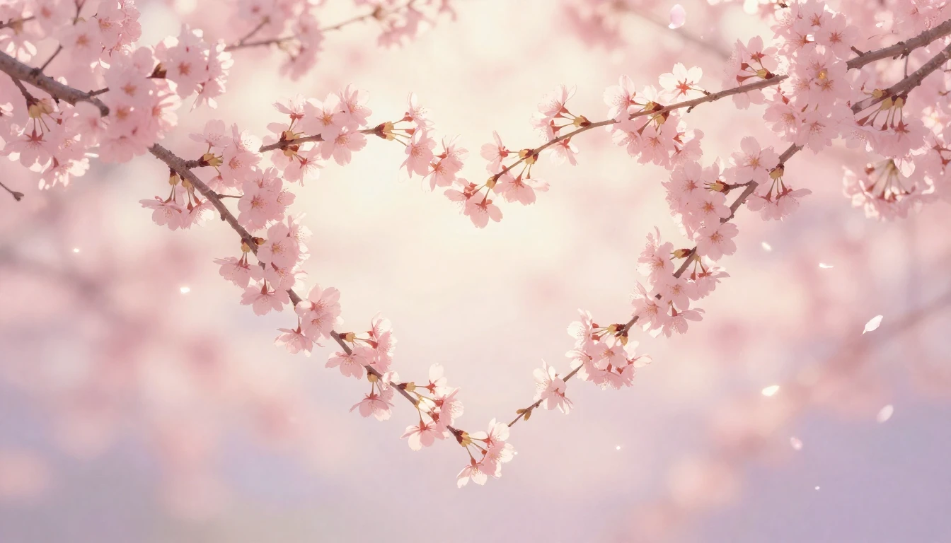 A soft and dreamy scene featuring two delicate cherry blosso...