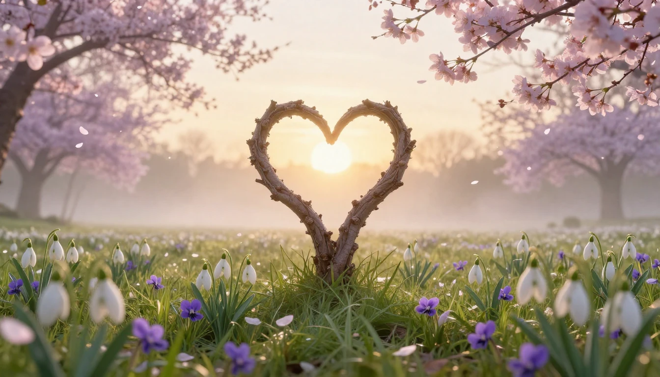 A breathtaking landscape of a blooming meadow at dawn during...
