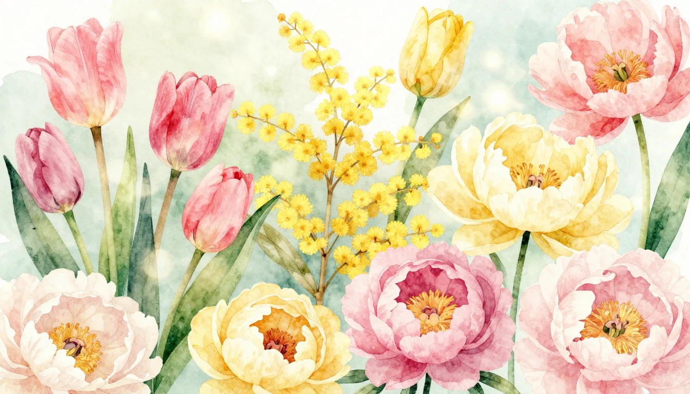 A beautiful and vibrant watercolor painting of various sprin...