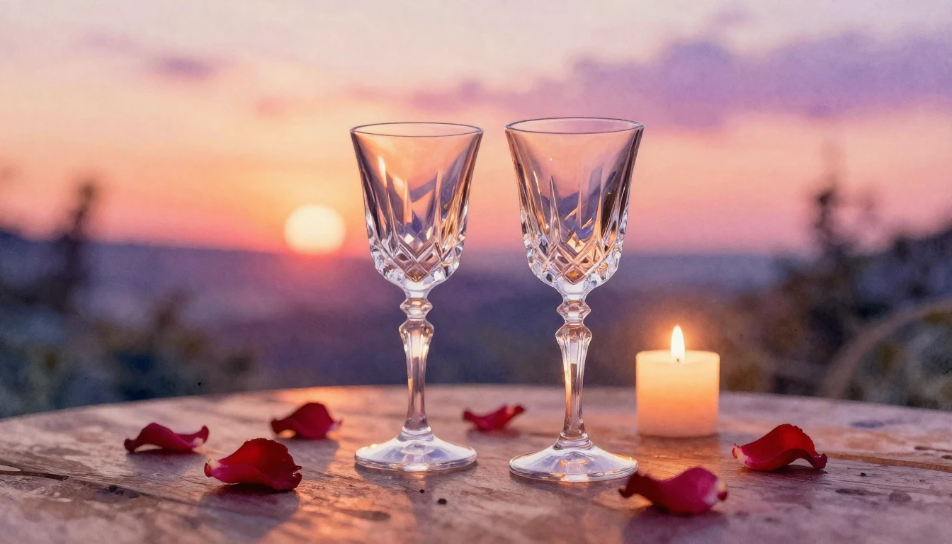 A beautiful watercolor painting of a romantic evening scene....