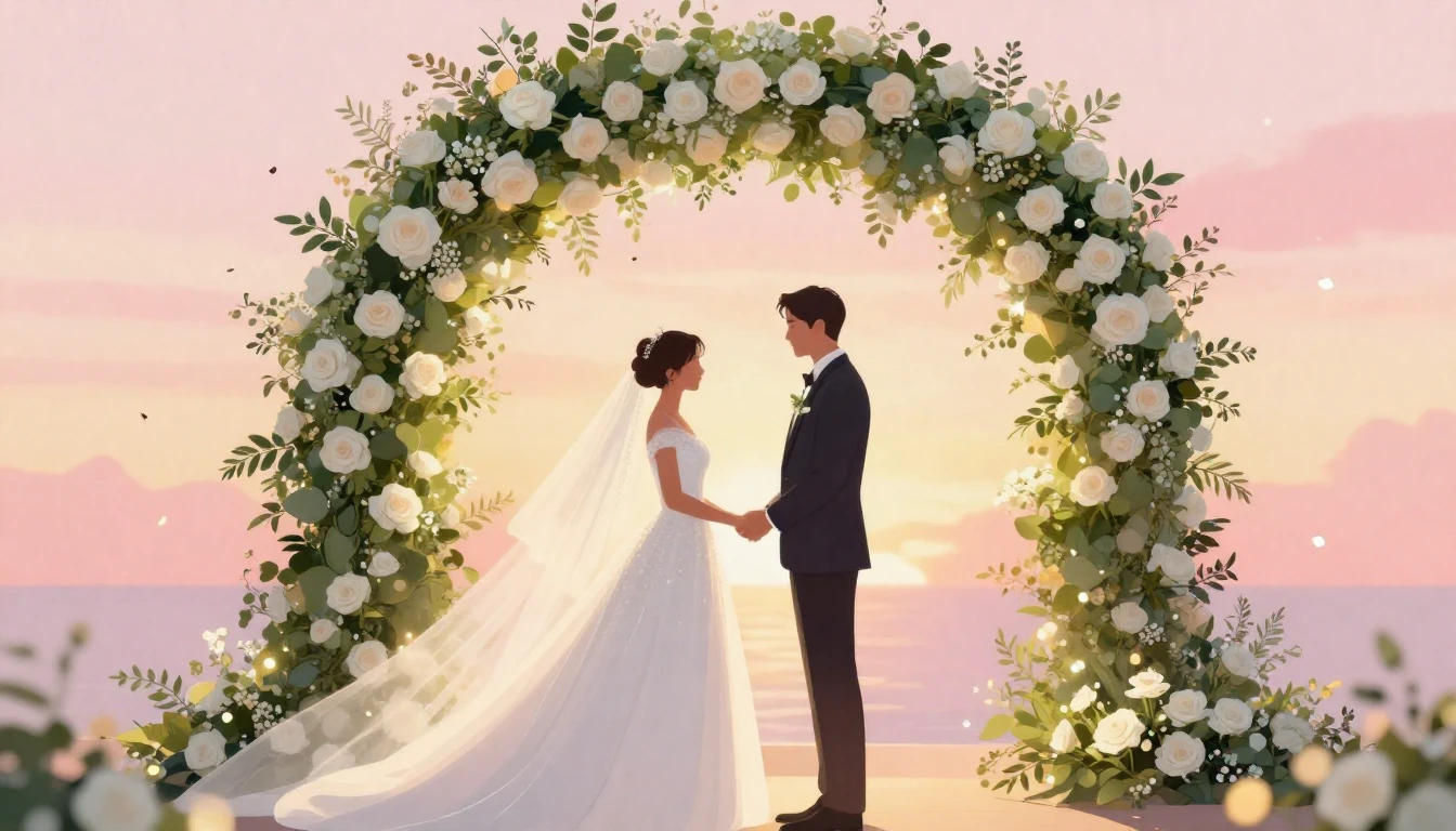 A vibrant and romantic digital art illustration for a weddin...