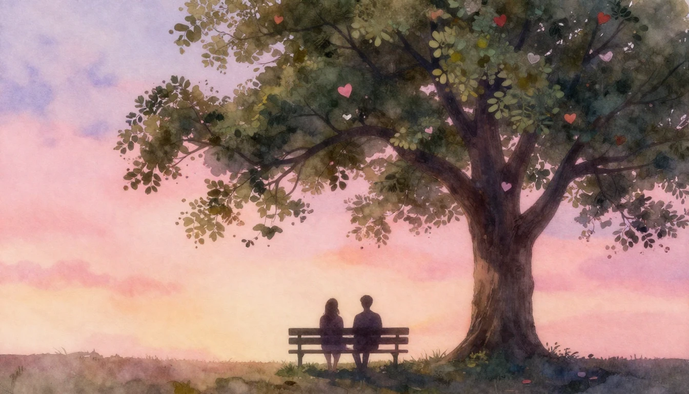 A romantic watercolor painting featuring two silhouette figu...