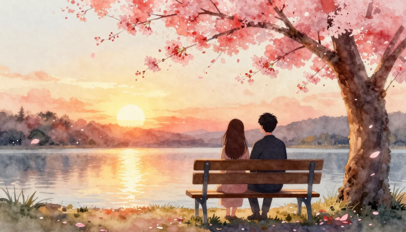 A soft watercolor painting depicting two stylized silhouette...